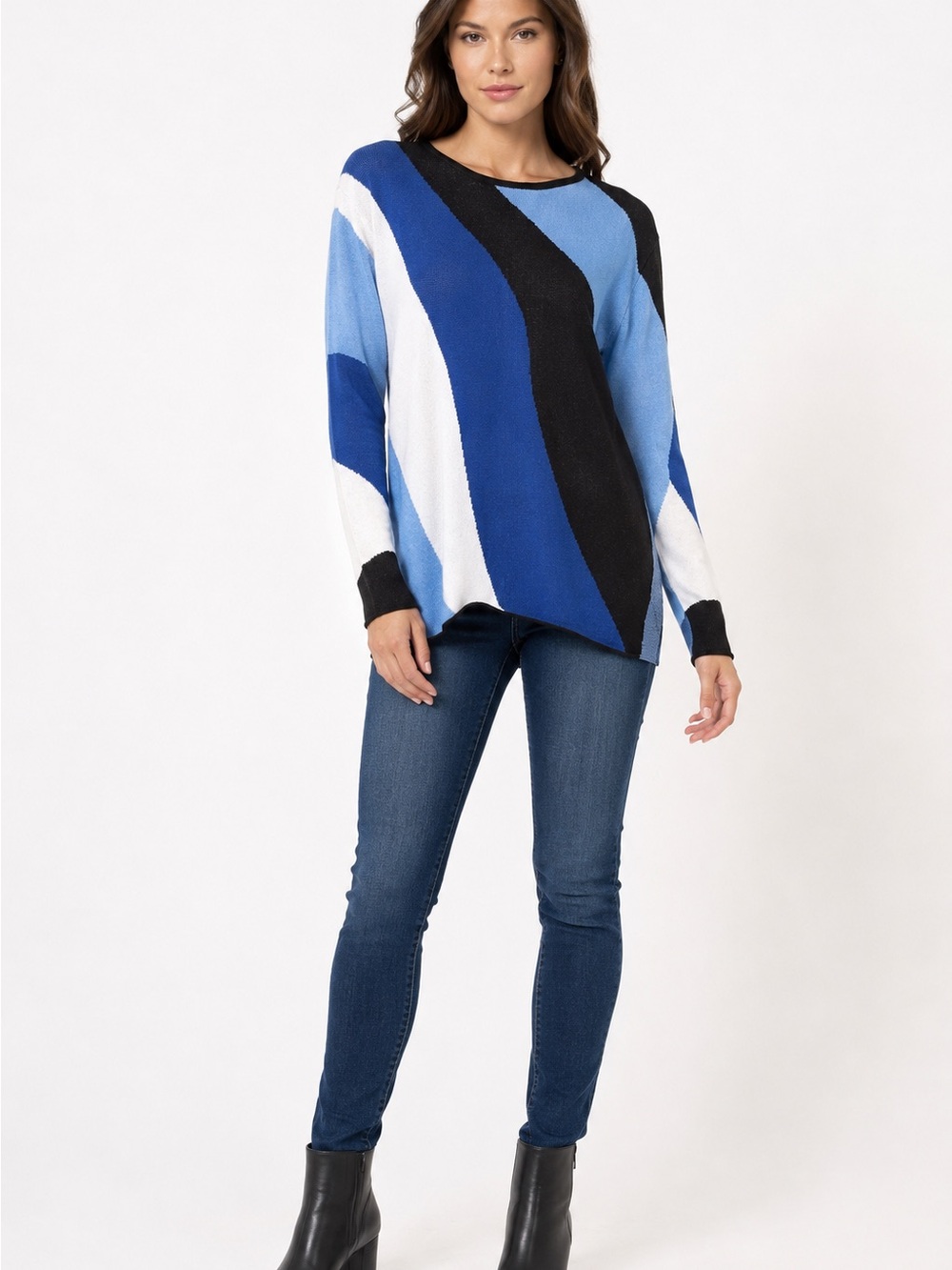 400. Jones New York Blue Black White Colorblock Crew Neck Sweater